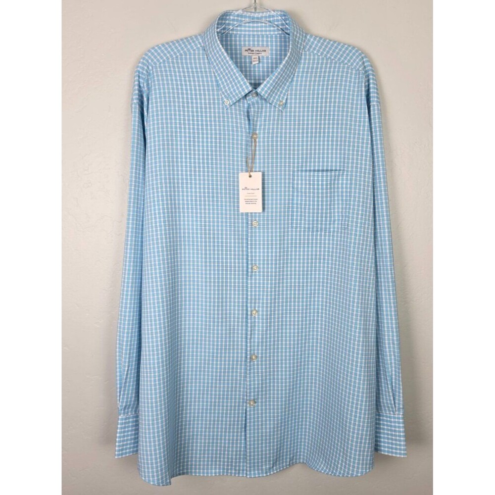Peter Millar Summer Comfort Performance Button Shirt Gingham Blue Size XXL NEW